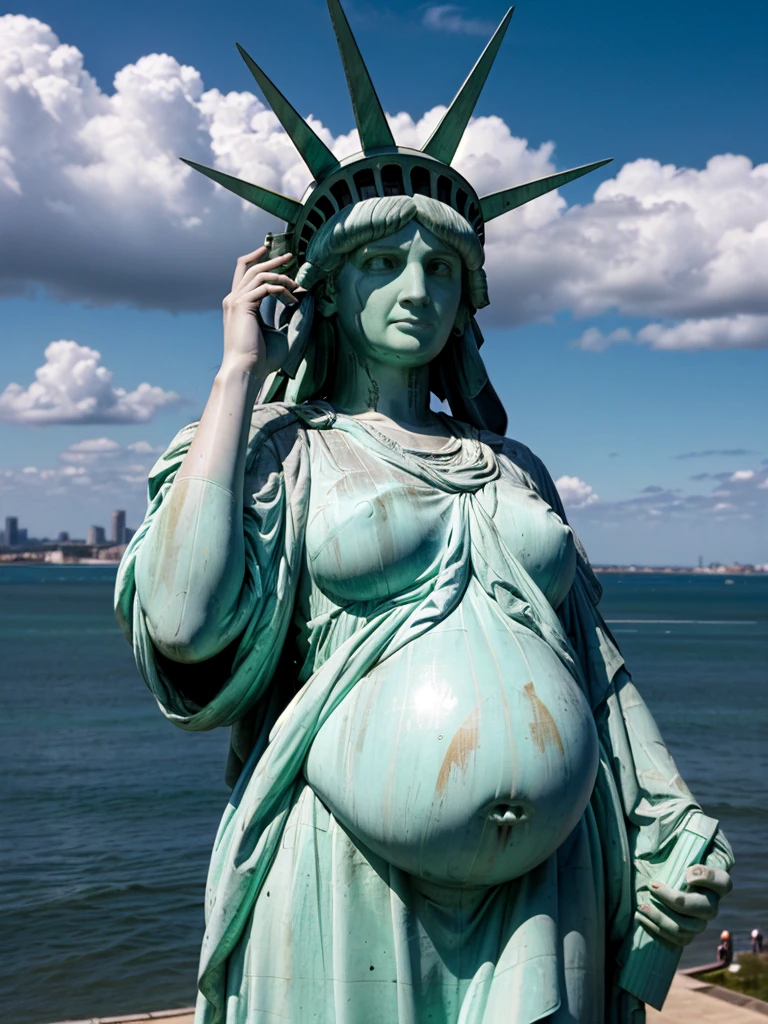 (lady-liberty), pregnant Liberty Statue. The image is of the best quality, with a resolution of 4k and HDR enhancement, showcasing the utmost level of detail and realism. analog photography, high quality textures. Clear blue cloudy sky. photorealistic shot