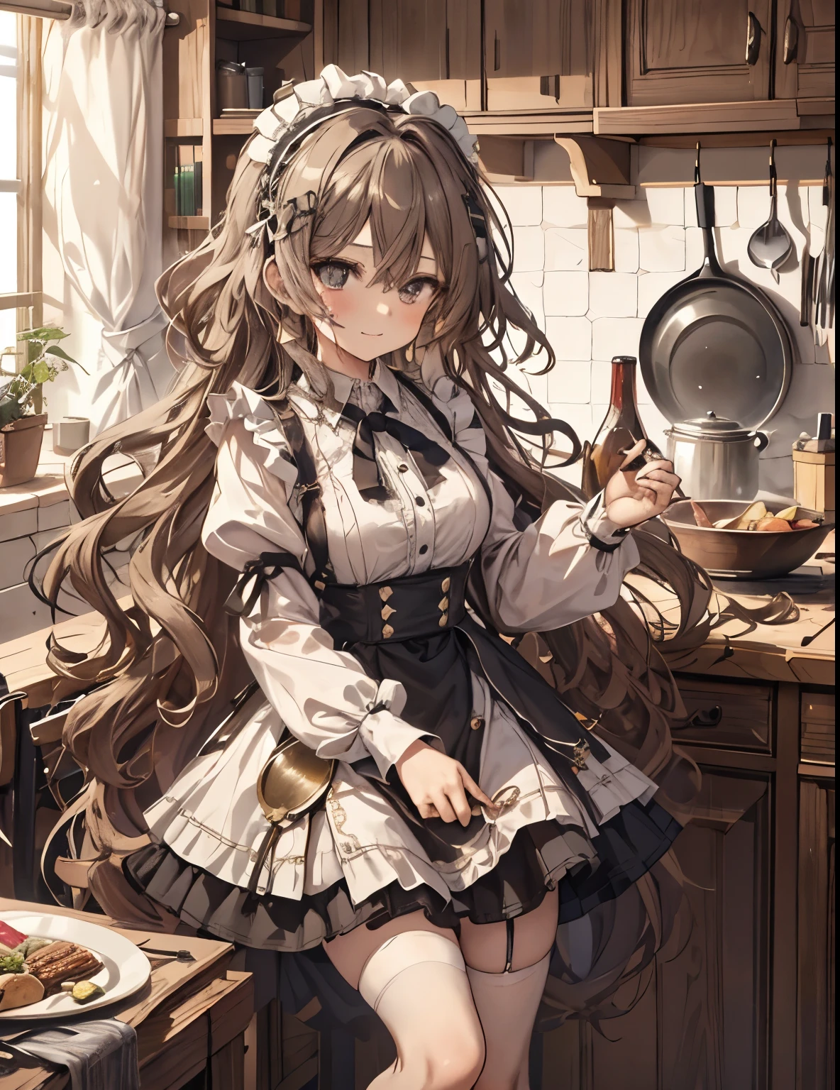 masterpiece, 1girl, sparrow, a dark haired girl, wearing a maid clothes, curly long hair, messy hair, slim body, he close her left eye, shirt ornament, ruby eyes, ahoge, baby face, bige breast, beautiful breasts, rounded breasts, long sleeves, beautiful eyes, white stocking, droopy eyes, skirt, black skirt, plaid skirt, her age is 19 years old, flared skirt, tight shirt, skirt, nagisa_bluearchive, lovely face, medium hair, angry smile, curly hair, maid headband cap, kitchen