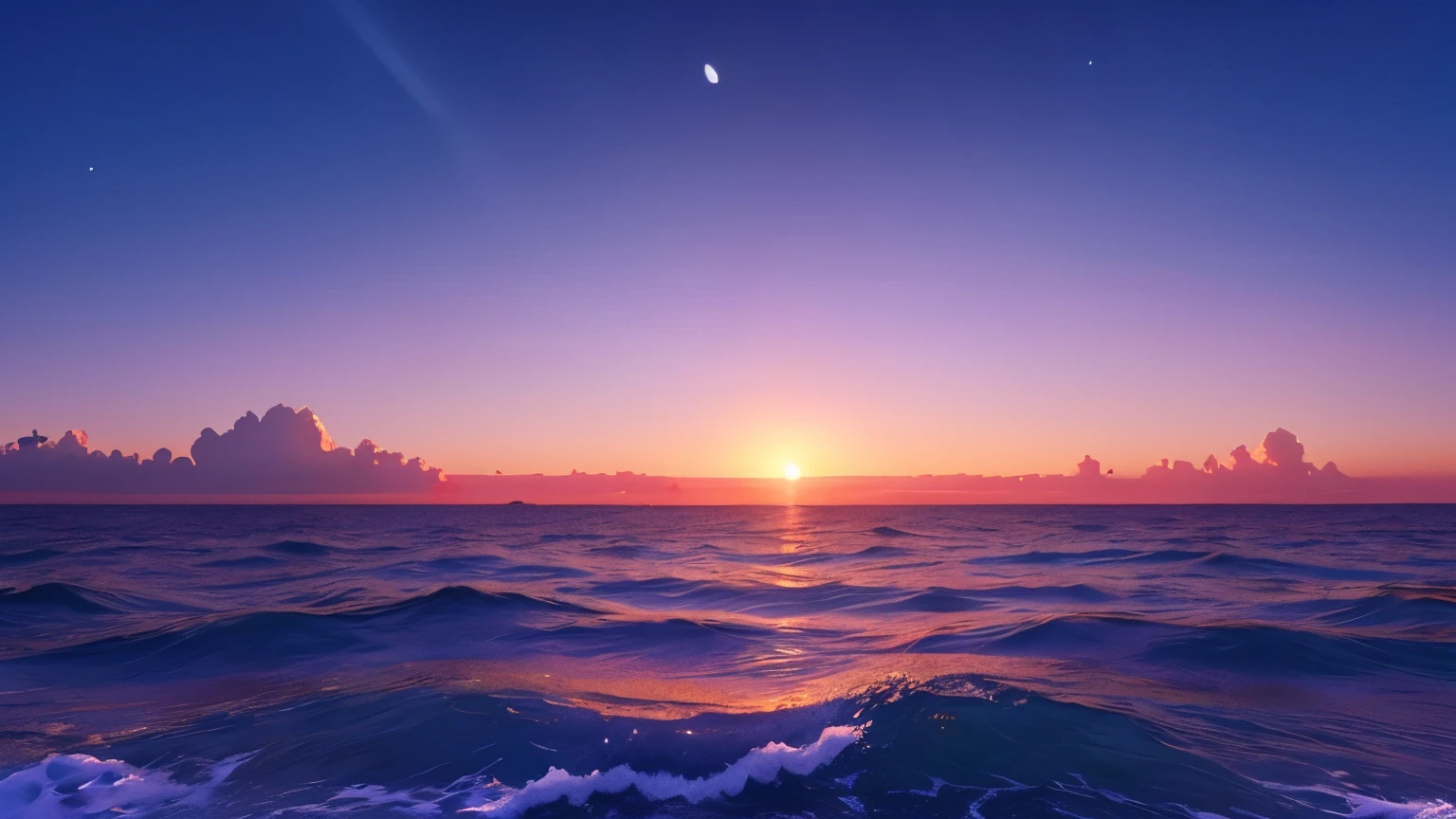 Fantasy、Realistic、Calm sea in the morning、The sunrise and blue sky create a beautiful gradation.、spiritual、High Dimension、truth、A mysterious sunrise in the center of the image、A huge celestial object is faintly visible in the sky、No wind、Small Waves、Vast ocean、Breathtaking views