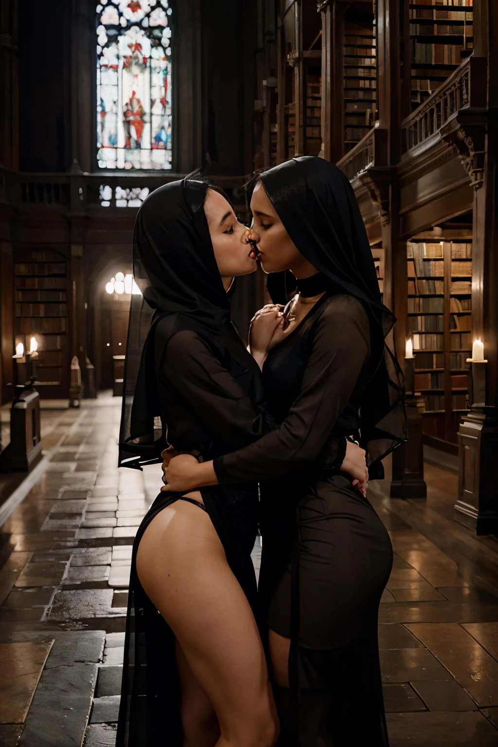 Two beautiful ethnically diverse nuns (wearing revealing sheer habits) embrace and kiss passionately in a huge gothic library at night during a thunderstorm.