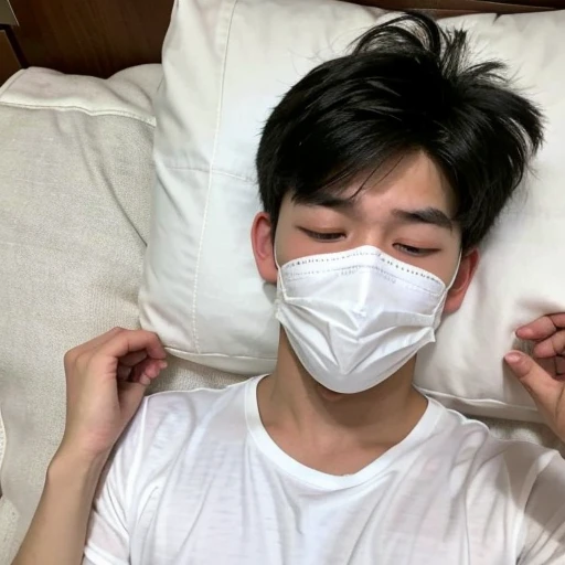 Handsome10A boy about 18 years old has an infectious disease and looks distressed. He is wearing a white mask. He has a high fever. He is sleeping. He is coughing. He is exhausted. He is taking his temperature with a thermometer. He looks like he is about to die.