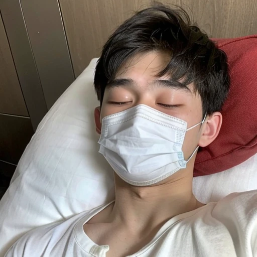 Handsome10A boy about 18 years old has an infectious disease and looks distressed. He is wearing a white mask and has a high fever. He is sleeping and coughing. He is exhausted.