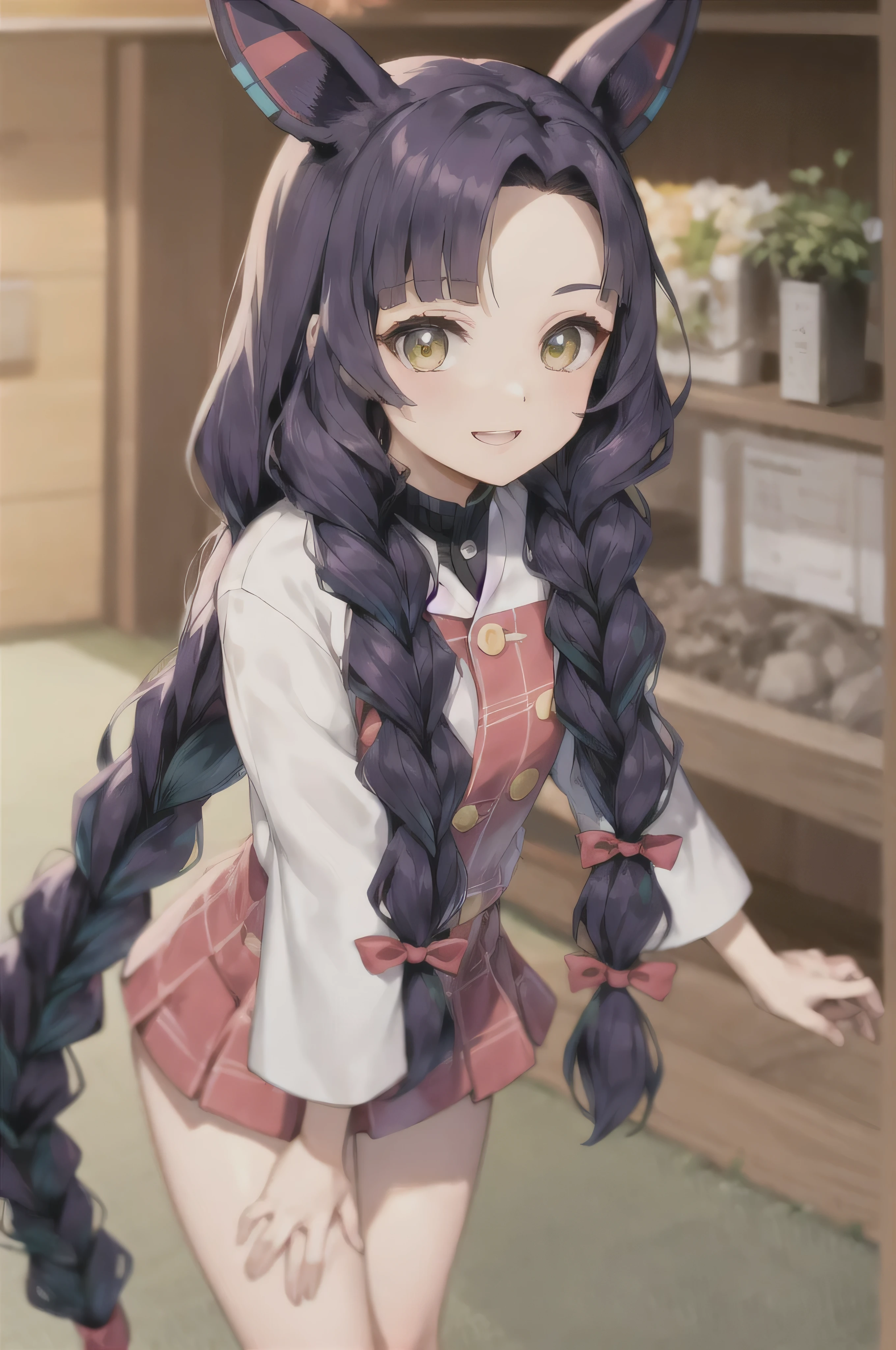 estilo kimetsu no yaiba,1 garota, Sozinho, olhando para o espectador, cabelo roxo, wavy with two long braids, olhos roxo escuro, blurry background, blurry, cabelo multicolorido, cabelo solto. cabelo roxo, tronco, vestir, flor, Ombros nus, sorriso, batom, boca fechada, colorir anime, ((Obra de arte))