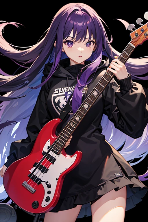 background through, long hair、straight hair、purple hair girl, black eyes、Super high quality, 8K、Upper body、black background、Band bassist、black hoodie、black bassguitar、big tits, purple-haired girl、