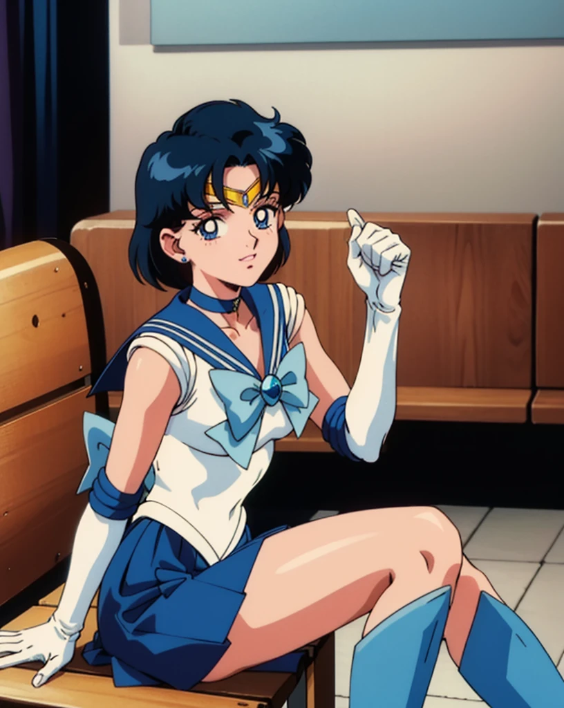 highres, mer1, tiara, sailor senshi uniform, blue sailor collar, bow, knee boots, choker, white gloves, blue choker, elbow gloves, jewelry, earrings, blue skirt, cowboy shot, (1990s \(style\):1.2) , sitting, bench,masterpiece, best quality, perfect composition