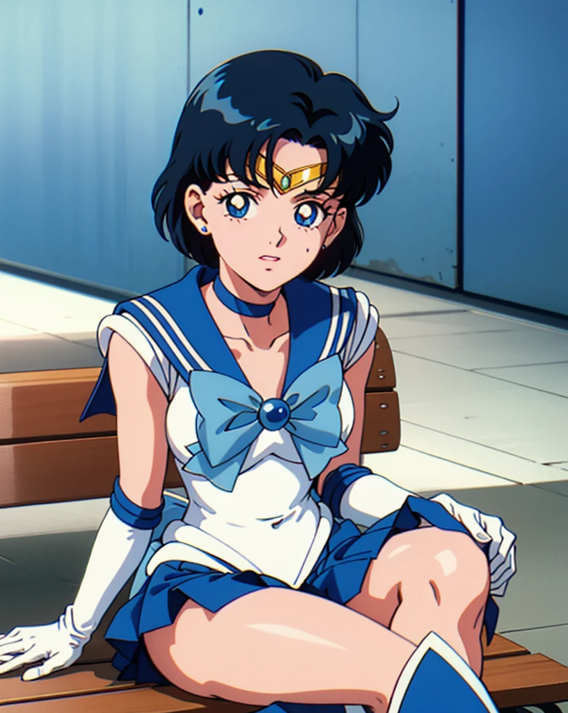 highres, mer1, tiara, sailor senshi uniform, blue sailor collar, bow, knee boots, choker, white gloves, blue choker, elbow gloves, jewelry, earrings, blue skirt, cowboy shot, (1990s \(style\):1.2) , sitting, bench,masterpiece, best quality, perfect composition