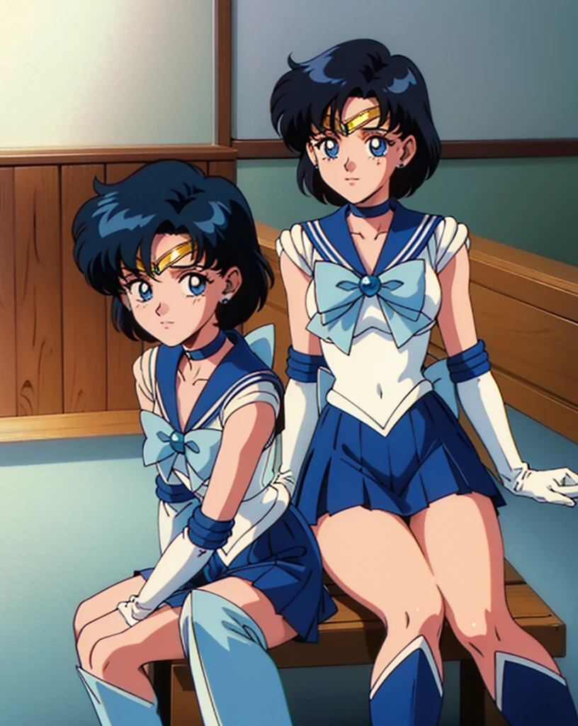 highres, mer1, tiara, sailor senshi uniform, blue sailor collar, bow, knee boots, choker, white gloves, blue choker, elbow gloves, jewelry, earrings, blue skirt, cowboy shot, (1990s \(style\):1.2) , sitting, bench,masterpiece, best quality, perfect composition