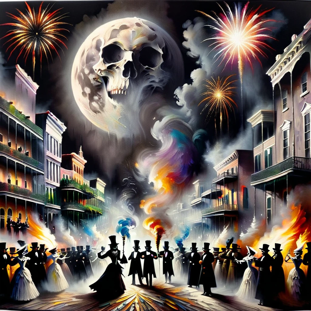 Claude Monet-inspired painting capturing old New Orleans at Mardi Gras, massive smoky silhouettes of Baron Samedi and Mother Brigit dancing above the cityscape, ambient light cast by torch flames and fireworks, moon adorned as the Baron's vigilant eye, a tapestry of skulls and bones imbuing the atmosphere with voodoo lore, phantom carnival essence, hyper-detailed. 