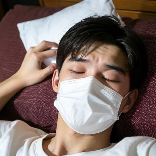 Handsome10A boy about 18 years old has an infectious disease and looks distressed. He is wearing a white mask and has a high fever. He is sleeping and coughing. He is exhausted.