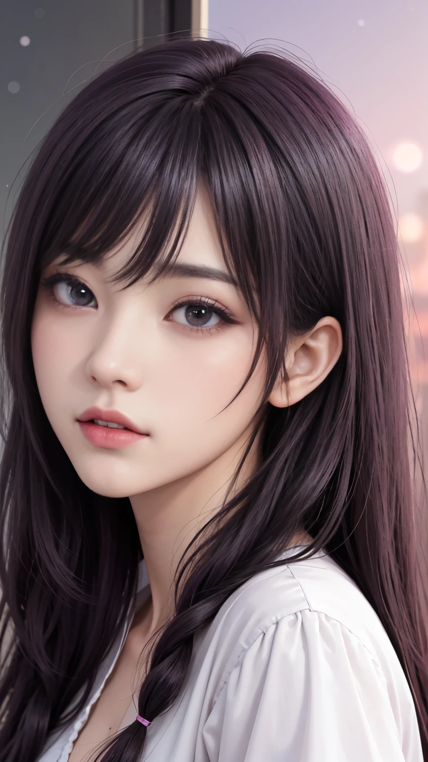 background(Black Night Sky,Big Moon),Woman close up,Wearing a white shirt、Purple Hair,Very long hair,very thick braids,Purple eyes,big , realistic girl rendering, 8k artistic german bokeh, Enchanting girl, Realistic girl, Gurwitz, Gurwitz-style artwork, Girl Roleplay, Realistic 3D style, cgstation Popular Topics,, 8K Portrait Rendering,(Faithfulness,Faithfulness:1.4),Wear pink pajamas,巨big ,Sparkling eyes,Purple eyes