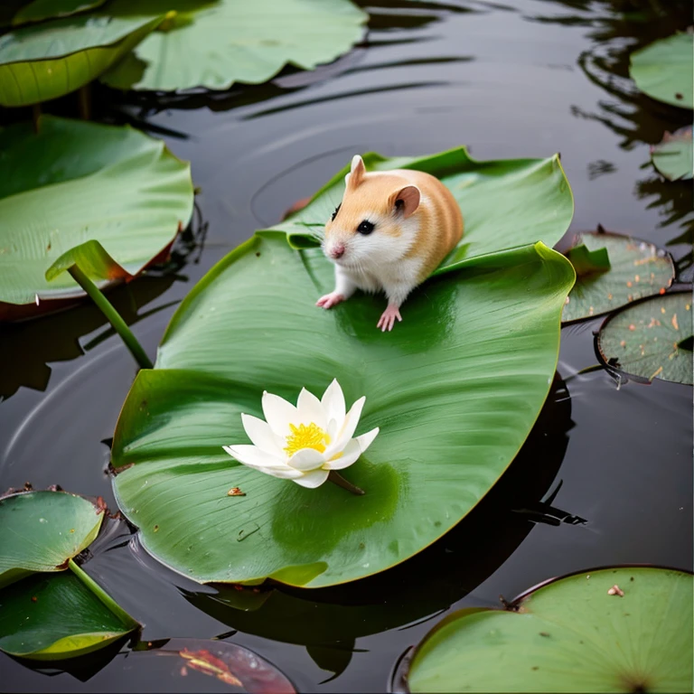 Chinese hamster resting on a lotus leaf in a quiet pond。