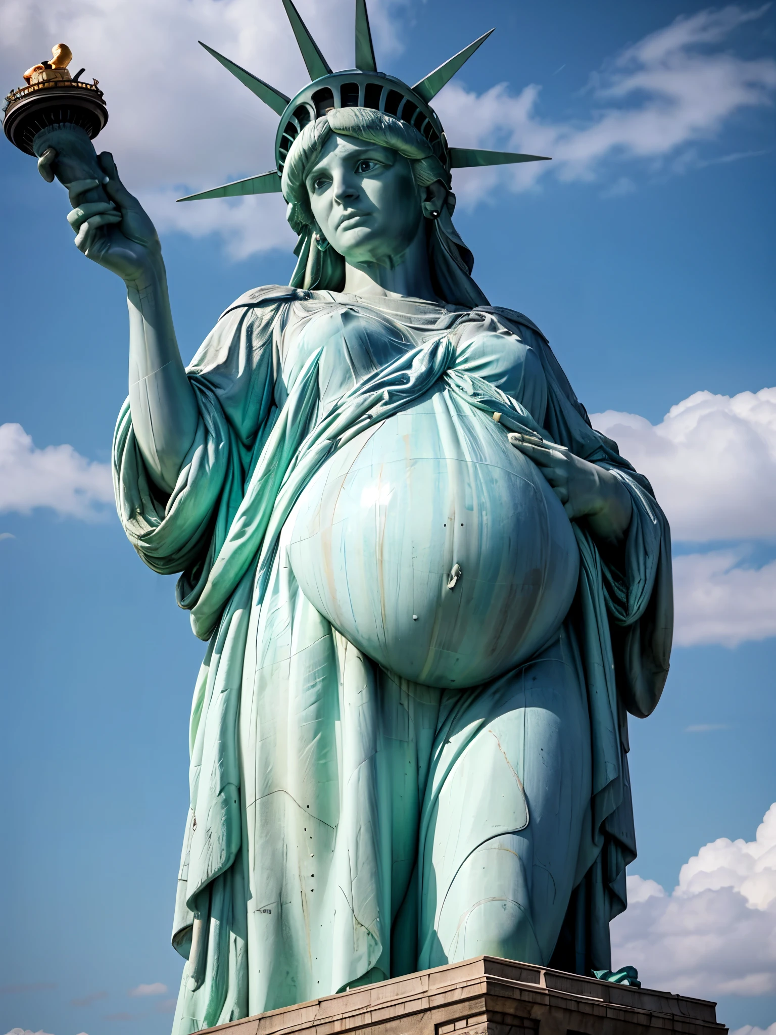 (lady-liberty), pregnant Liberty Statue. The image is of the best quality, with a resolution of 4k and HDR enhancement, showcasing the utmost level of detail and realism. analog photography, high quality textures. Clear blue cloudy sky. photorealistic shot