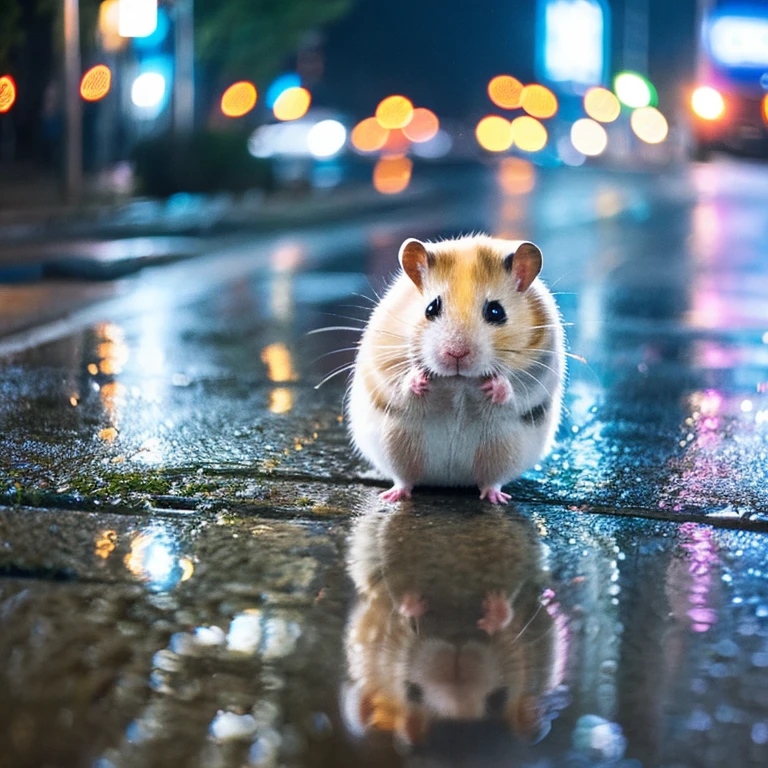 Chinese hamster enjoying a puddle in the rain。