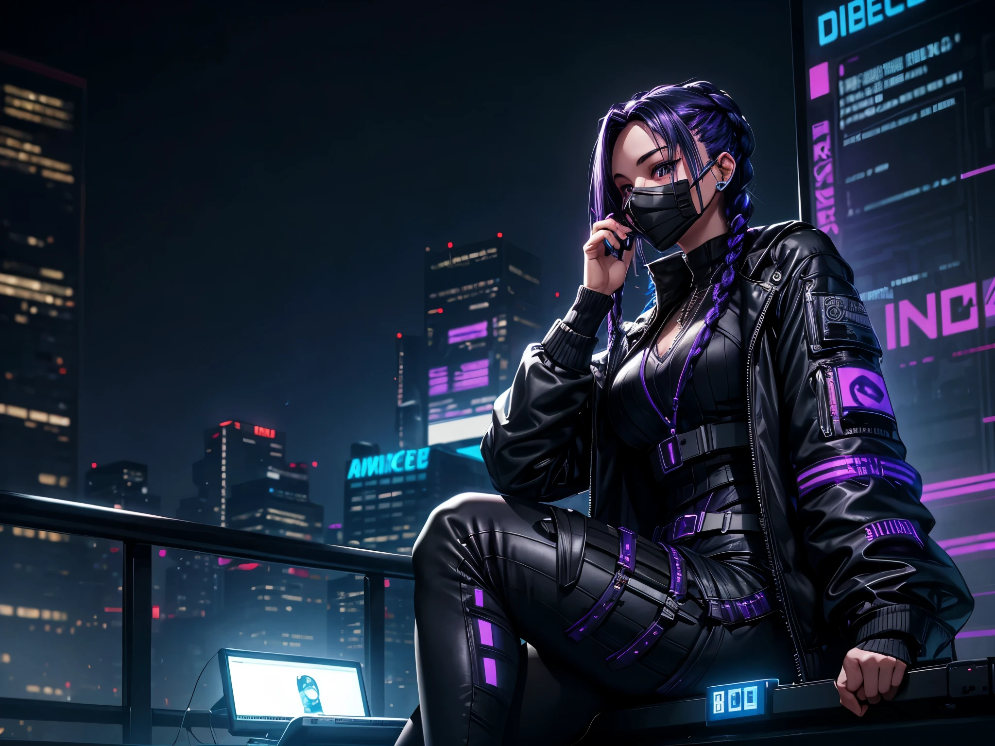 Very young girl, black mask, White skin, The code on, Hacker style, curve,sit on it、View from the side、deep purple, dark, braids, dark blue hair, cable, vintage, cyberpunk, Data center background, deep purple theme, night city