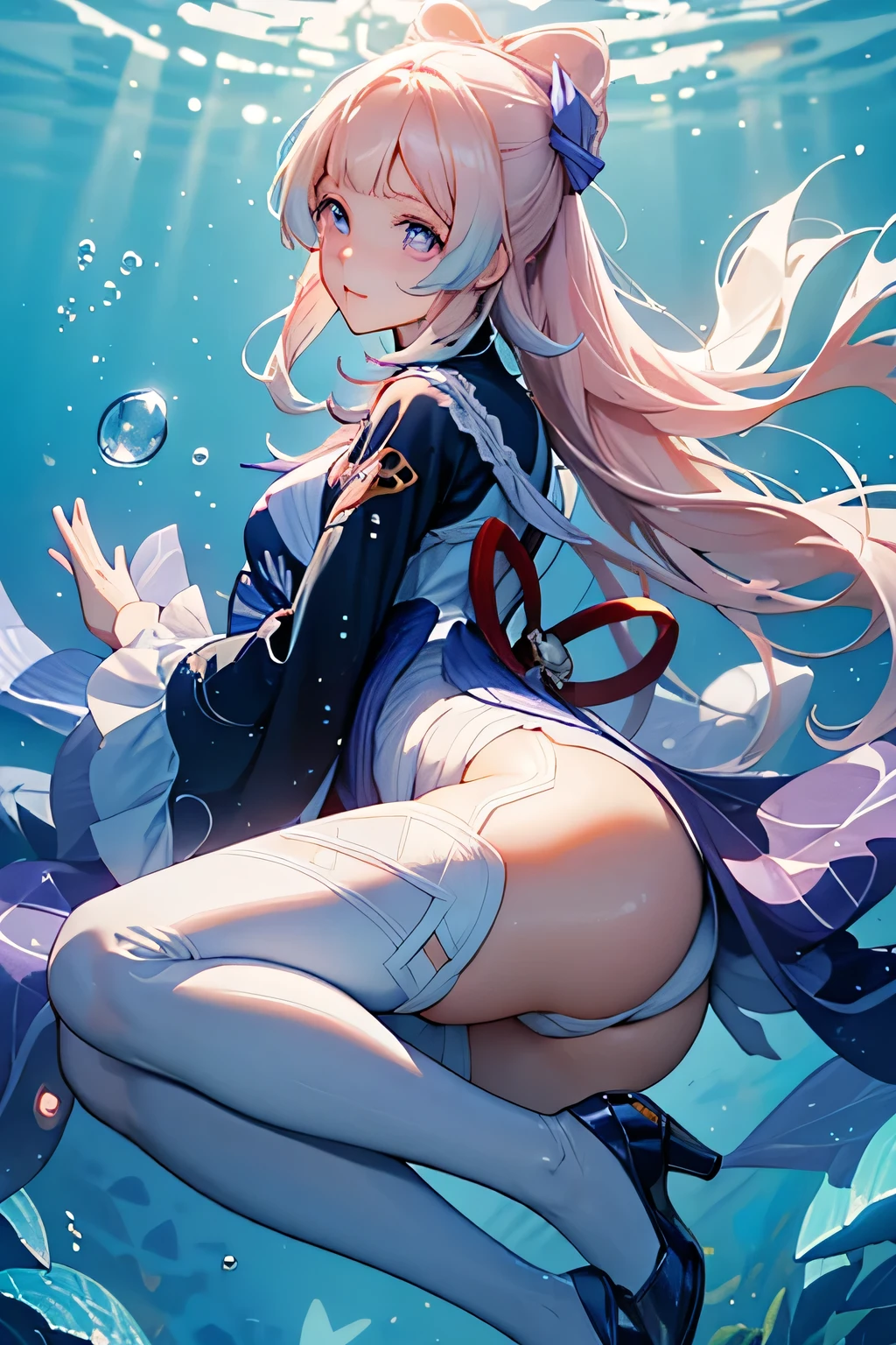 [sangonomiya_kokomi_genshin]:1.5,((masterpiece,highest quality,Detailed images,Beautiful images))1.4(kokomi images、an underwater city、Beautiful waterways、The wind is blowing、Bright lighting overall、Backlight、A fantastic atmosphere、Thick Fog、Air bubbles)1.3,(from side)1.1(Beautiful body lines、Legs wrapped in tights)
