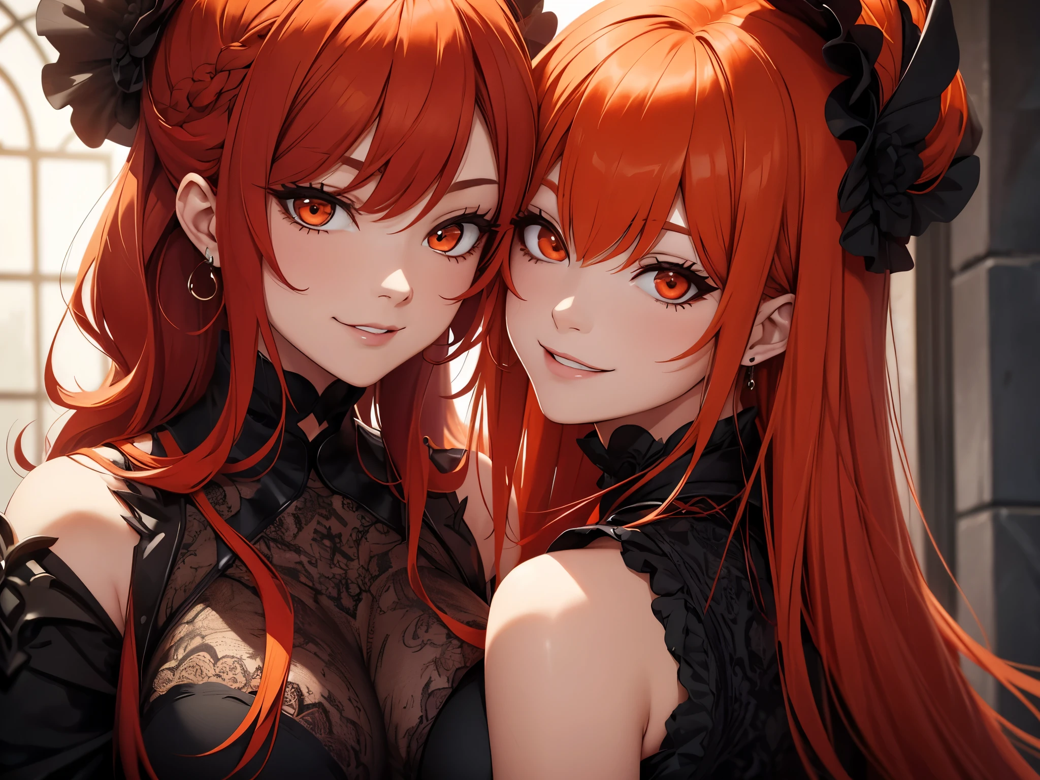 two sexy women looking at camera, flustered smiles, goth outfits, dark red and orange hair, portrait, close up to faces