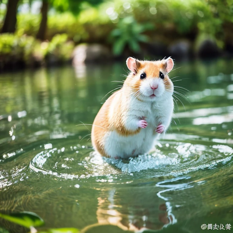 Chinese hamster playing in water near a stream。