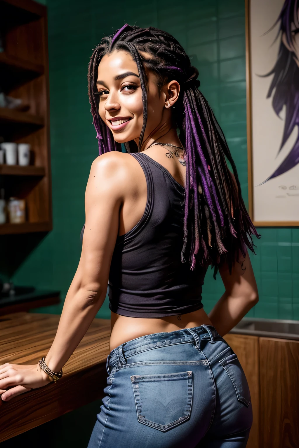 1 garota, official anime art illustration, (longo ((violet)) dreadlocks), olhos violetas, nariz arredondado, (mulher madura haitiana alta e gordinha de pele escura dentro do restaurante omakase), Seios pequenos, (vestindo renda sem mangas e top curto de seda), tatuagem acima do umbigo, braceletes e pulseiras douradas, jeans skinny rasgado, Coxas rechonchudas, contas de cintura, sorriso, perfeitamente fotorrealista, Incrivelmente detalhado, 8K, UHD, Obra de arte, melhor qualidade, ultra detalhado, intricado,