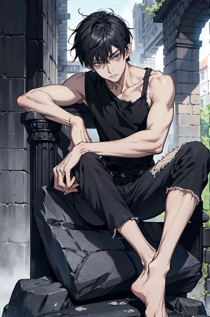 1boy,solo, very short black hair, blue eyes, pointy ears, kaneki personality, wearing Black sleeveless fitted T-shirt, old black jeans, bare foot, old castle, sitting on a stone throne, highres, ultra-sharp, 8k, masterpiece, looking at viewer