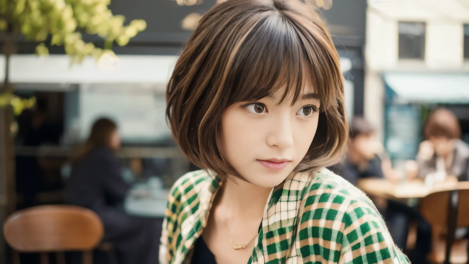 super high quality, Fashion Model, short hair, thin, (8k、RAW Photos、highest quality、masterpiece:1.2), Japanese Idols, Serious expression, Shaggy, Brown Hair, Stylish cafe, Fashion magazine shooting, People having fun at the cafe々Bustling with., (Realistic、Realistic:1.37), Beautiful Face , Normal chest, Urban Cafe, A gentle gaze, Spring Clothes, Dress neatly,
