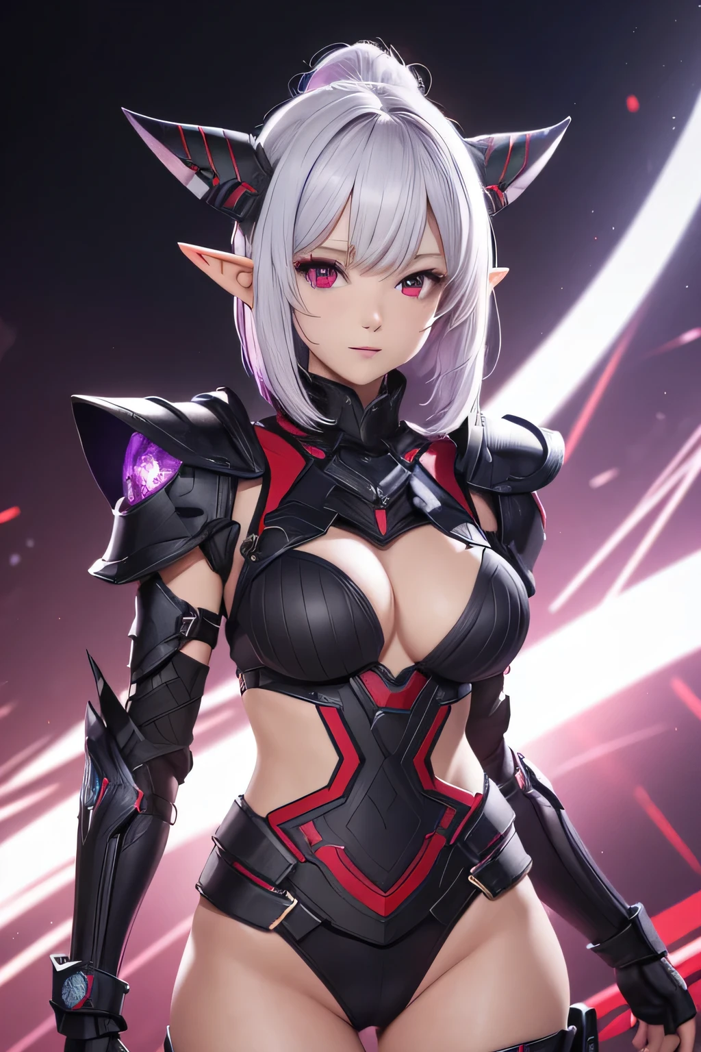 absurdres, (8k, RAW photo, best quality), masterpiece, hyper detailed, hyper sharp, perfection, best quality, photo-realistic, (((1girl:1.2))), highly detailed 3D rendering of a character named Euclita from SEGA's PSO2. The character is an elf-like female with pointed ears, (shortcut hair, white hair with purple tips, purple ends of hair), (scarlet watery red eyes, tsurime), She wears a futuristic, armored outfit with a mix of black, gray, and red colors. The outfit includes a form-fitting top with exposed midriff, shoulder armor with hexagonal patterns, and high-tech gauntlets. She has a confident and slightly playful expression