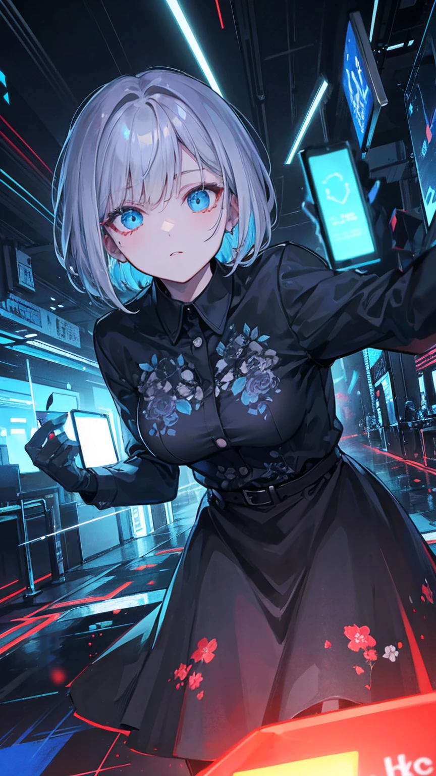 outdoor, Black, Wearing a black and red floral shirt, Wearing black dress pants, blue eyes, Glowing eyes, short hair, Gray skin, Club environment, night, Blue neon light, 8K, Unreal Engine, Very detailed, Reality,