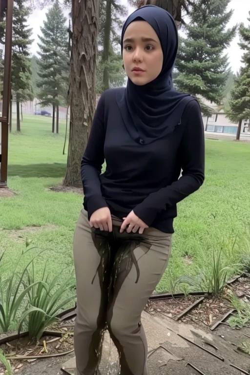 Girl in hijab, 1 girl, arab girl, no bra, no panties, no shirt, no pantis, wearing hijab, crying, makeup running, body is filthy, laying among trash and refuse. Unknown semi transparent  runs down her thighs and on her face