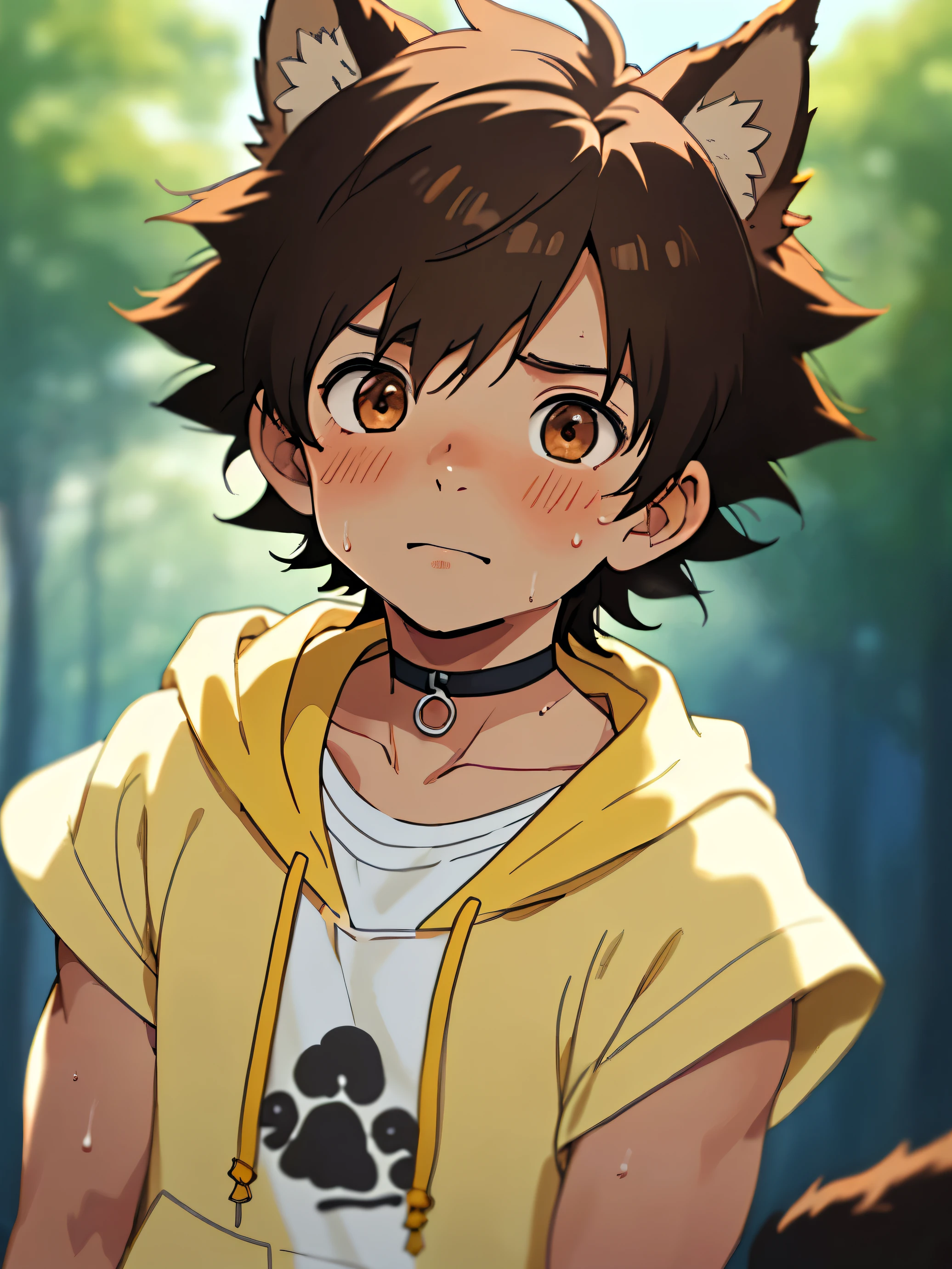 Highres, Masterpiece, Best quality at best,Best Quality,hight quality, hight detailed, 1boy, Boy, Dog boy, Dog ear, Messy hair, Side bangs, Shota, Sweat, Sleeveless hoodie, choker, Depth of field, Anime screencap style, thin line, Seen from the front, Little sweat, forest, Cute boy, (very small and short stature), (very young boy), -yeld bo Blurry and simple beckground, bokeh, Uhd