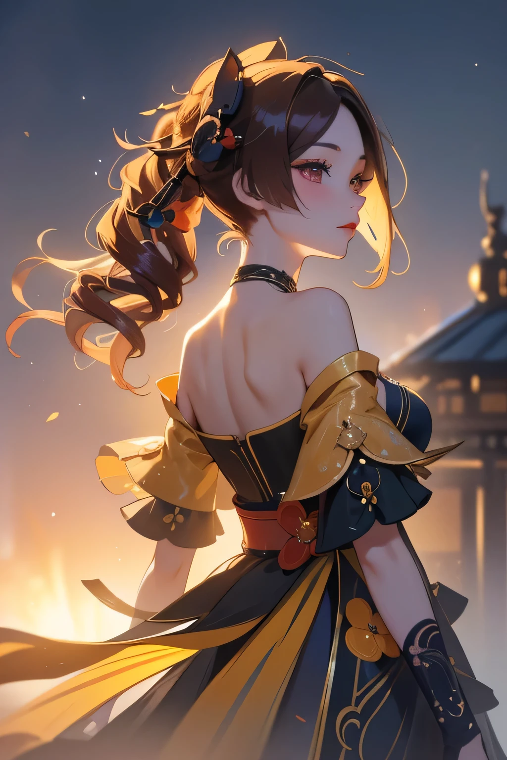 [chiori gi]:1.5,((masterpiece,highest quality,Highly detailed images,Beautiful images))1.4(Chiori Images、Cities with waterways、Beautiful waterways、The wind is blowing、Overall dim lighting、Backlight、A fantastic atmosphere、Thick Fog、Dust flutters)1.3,(Off the shoulder,from behind):1.2
