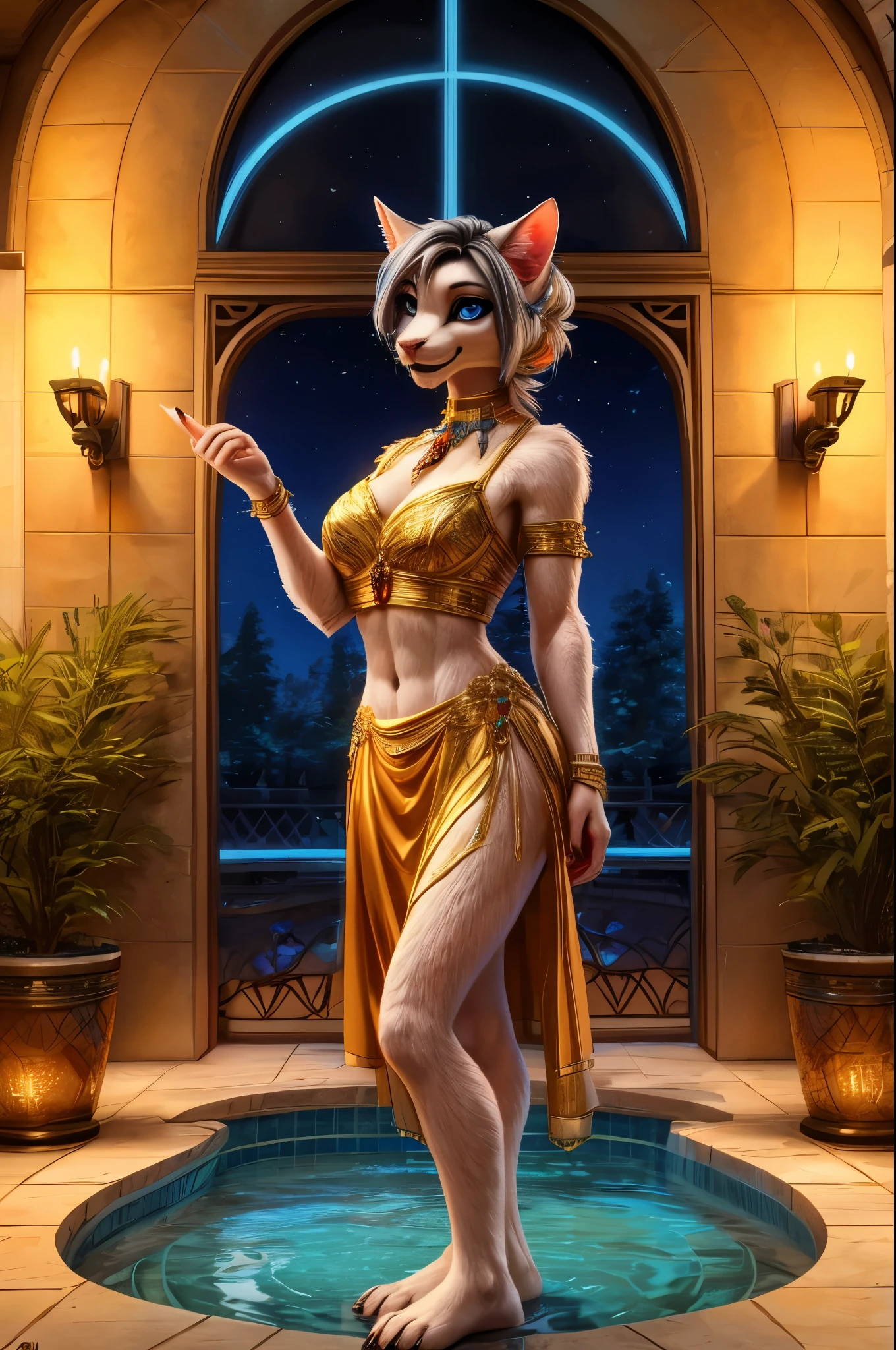 anthropomorphic fox, anthropomorphic vixen, drik in hand, standing on balcony, ,(Pink and Yellow colored belly dancer ourfit:1.5), (Red and Orange colored slave princess outfit:1.2), (pink lingerie:1.1),silk neck collar with heart pendant, sequin thights,watching sunset, furry art,(sfw) safe for work, female furry mini cute style,Standing above viewer, naughty face, smug, upper fangs,smile, blush, wide angle shot, front view, view from below,toon shader, high details, high quality, best quality, highres