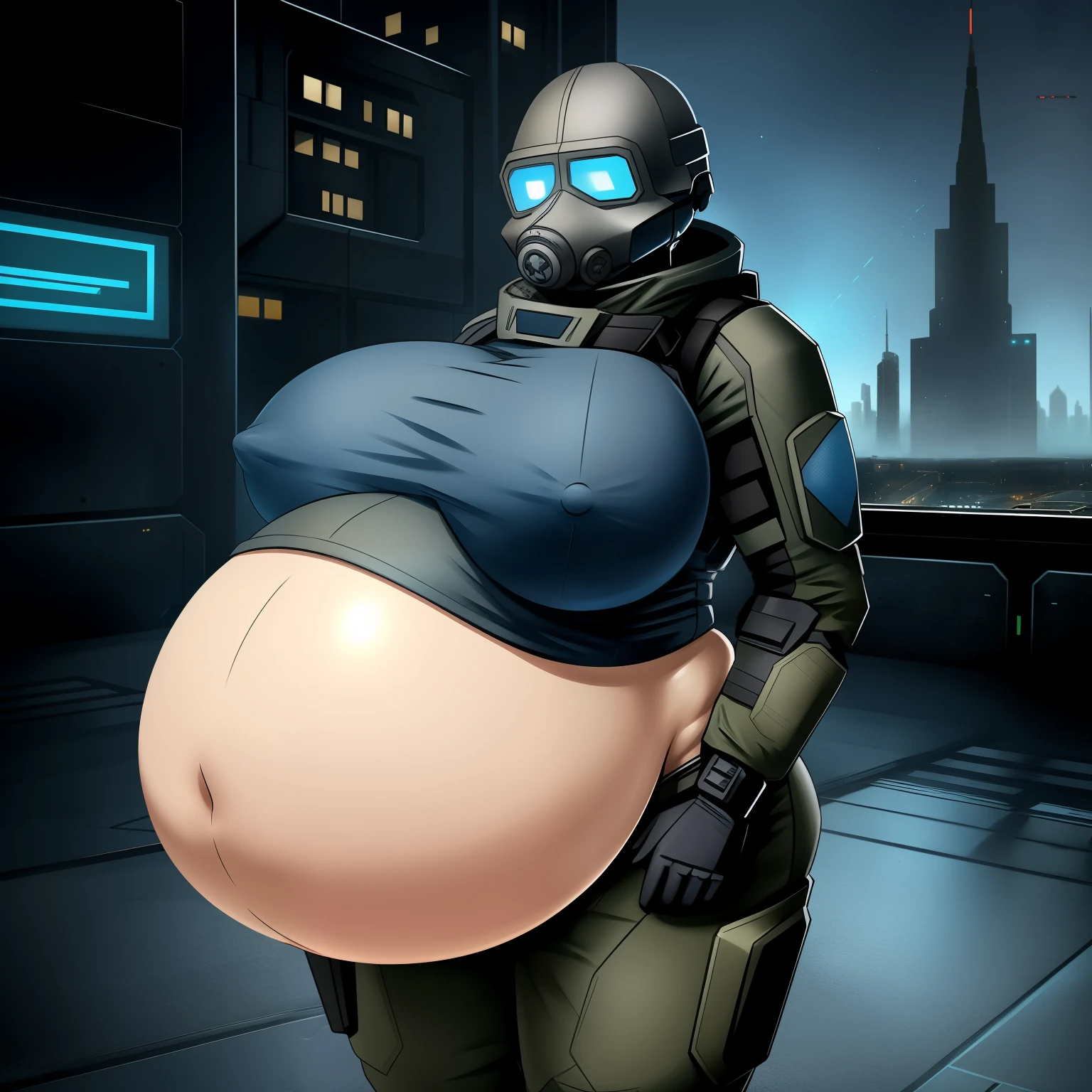 combine soldier, 1girl, solo, standing, helmet, dark, gloves, looking at viewer, facing viewer, military, science fiction, city, russia, gas mask, wide hips, (glowing blue eyes), huge breasts, (nipple outline), (((huge belly))), (((bursting belly))), (((light skin color belly))),
