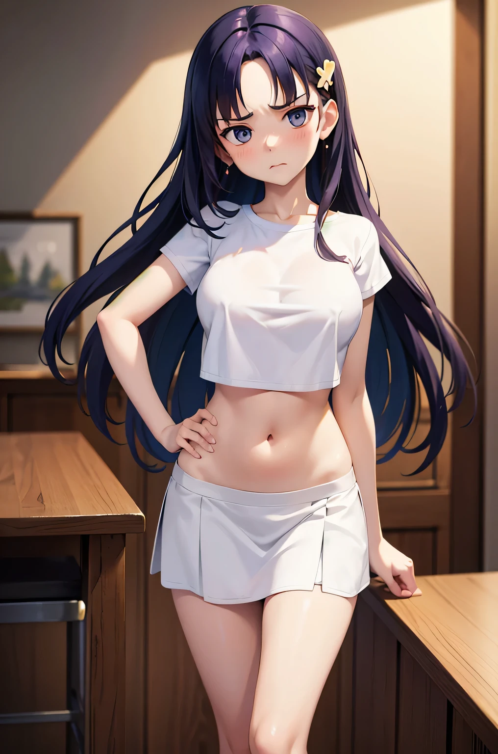 super fine illustration, vibrant colors, masterpiece, sharp focus, best quality, depth of field, cinematic lighting, ultra detailed, short sleeves, t shirt, straight long skirt, belly button, midriff, , 1 woman, home, solo, milf, hair ornament, slender, blush, annoyed, casual, mature female, tall body, looking down, 