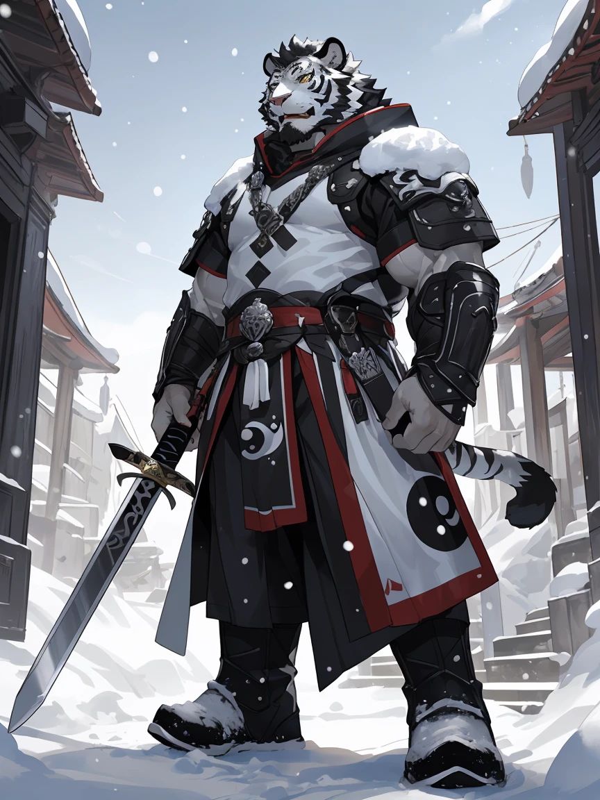 (dynamic lighting, Bright colors),masterpiece,best quality,very detailed,high resolution,[by null-ghost],(by fffffolder),((by lindong:1.2), (by null-ghost:0.7), (by takahirosi:0.7)),[huge white tiger],
(yin-yang black and white armor),(yin-yang black and white boots),(yin-yang black and white ancient armor),(holding a long sword),(black and white pattern),(black and white tail),(black and white hair),(black and white belly),(temple),(background: a snow-covered city:1.2),(16K),high-definition,CG,(golden eyes),(face focus),(white facial lines:1.2),(black beard:1.3),(white face:1.6),(white skin with black stripes:1.3),(fair cheeks:1.5),(very fair facial skin:1.3),highly detailed,ultra-realistic,8K,extremely detailed,intricate details,vibrant colors,colorful,vivid,richly colored,(white-skinned tiger),powerful stance,standing calmly,(abdominal muscles),heroic,masterpiece,detailed facial features,long-distance perspective,standing in front of a snow-covered city,close-up,(detailed face:1.5),perfect details,(detailed facial depiction:1.5),white body,(strong:1.2),(muscular:1.3),(high resolution:1.3),