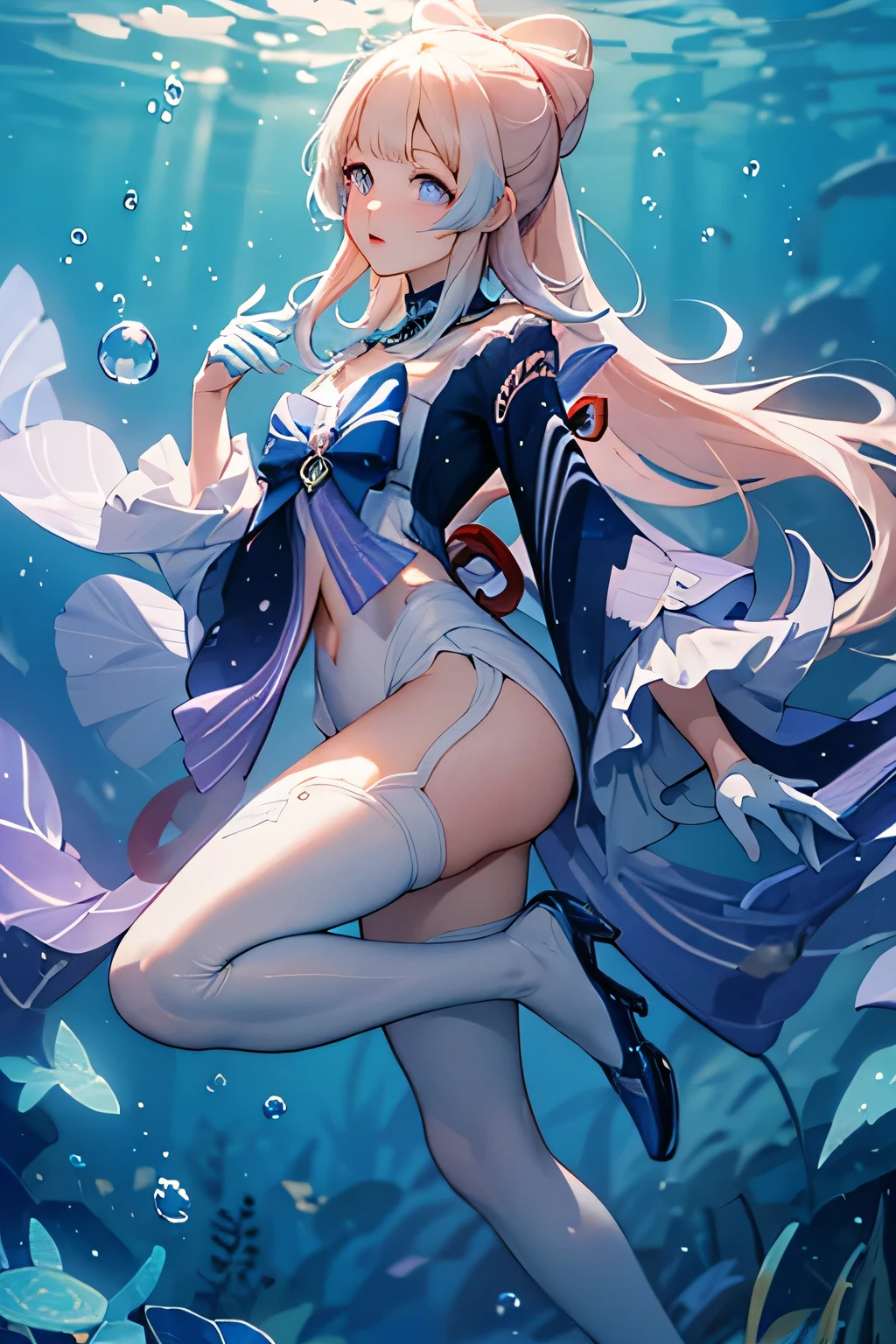 [sangonomiya_kokomi_genshin]:1.5,((masterpiece,highest quality,Detailed images,Beautiful images))1.4(kokomi images、an underwater city、Beautiful waterways、The wind is blowing、Bright lighting overall、Backlight、A fantastic atmosphere、Thick Fog、Air bubbles)1.3,(from side)1.1(Beautiful body lines、Legs wrapped in tights)
