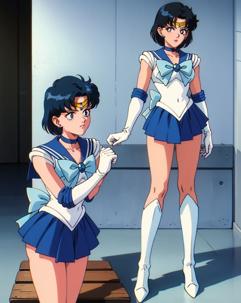 highres, mer1, tiara, sailor senshi uniform, blue sailor collar, bow, knee boots, choker, white gloves, blue choker, elbow gloves, jewelry, earrings, blue skirt, cowboy shot, (1990s \(style\):1.2) , standing, bench,masterpiece, best quality, perfect composition, fighting pose 