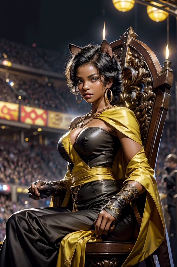 (masterpiece,stunning girlfriend, (standing:1.1), dynamic pose, heart shaped face, elegant face, beautiful face, highly detailed face, highly detailed skin, skin pores, subsurface scattering, realistic pupils, looking at viewer, full lips, detailed background, depth of field, atmospheric perspective, volumetric lighting, sharp focus, realistic proportions, good anatomy, (realistic, hyperrealistic:1.4), 16k hdr, highres,absurdres ,best quality,original,extremely detailed CG,extremely detailed wallpaper,perfect lighting,looking at viewer,bare hands,1girl, SiennaKhan,short hair,black hair,animal ears,yellow eyes,cat ears,dark skin,dark-skinned female,gloves,jewelry,earrings,cape,facial mark,cleavage cutout,hoop earrings, outdoors, sitting on ornate throne, (large high-back throne) night, stars, arena, audience, crowd, looking at viewer,