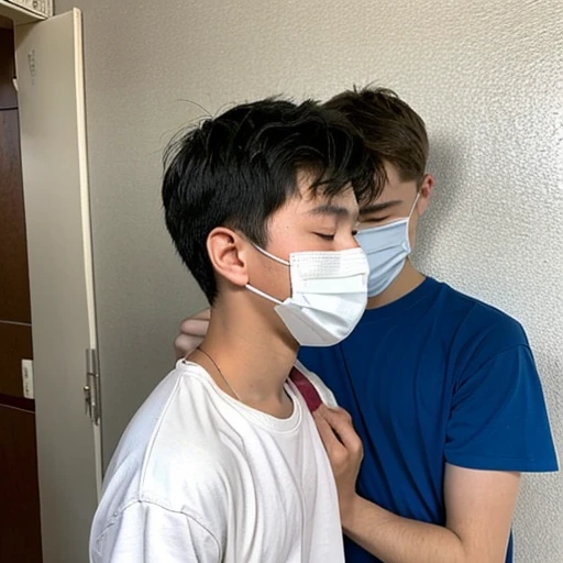 Handsome10A boy about 18 years old has an infectious disease and looks distressed. He is wearing a white mask. He has a high fever. He is sleeping. He is coughing. He is feeling exhausted. His temperature is being measured with a thermometer.