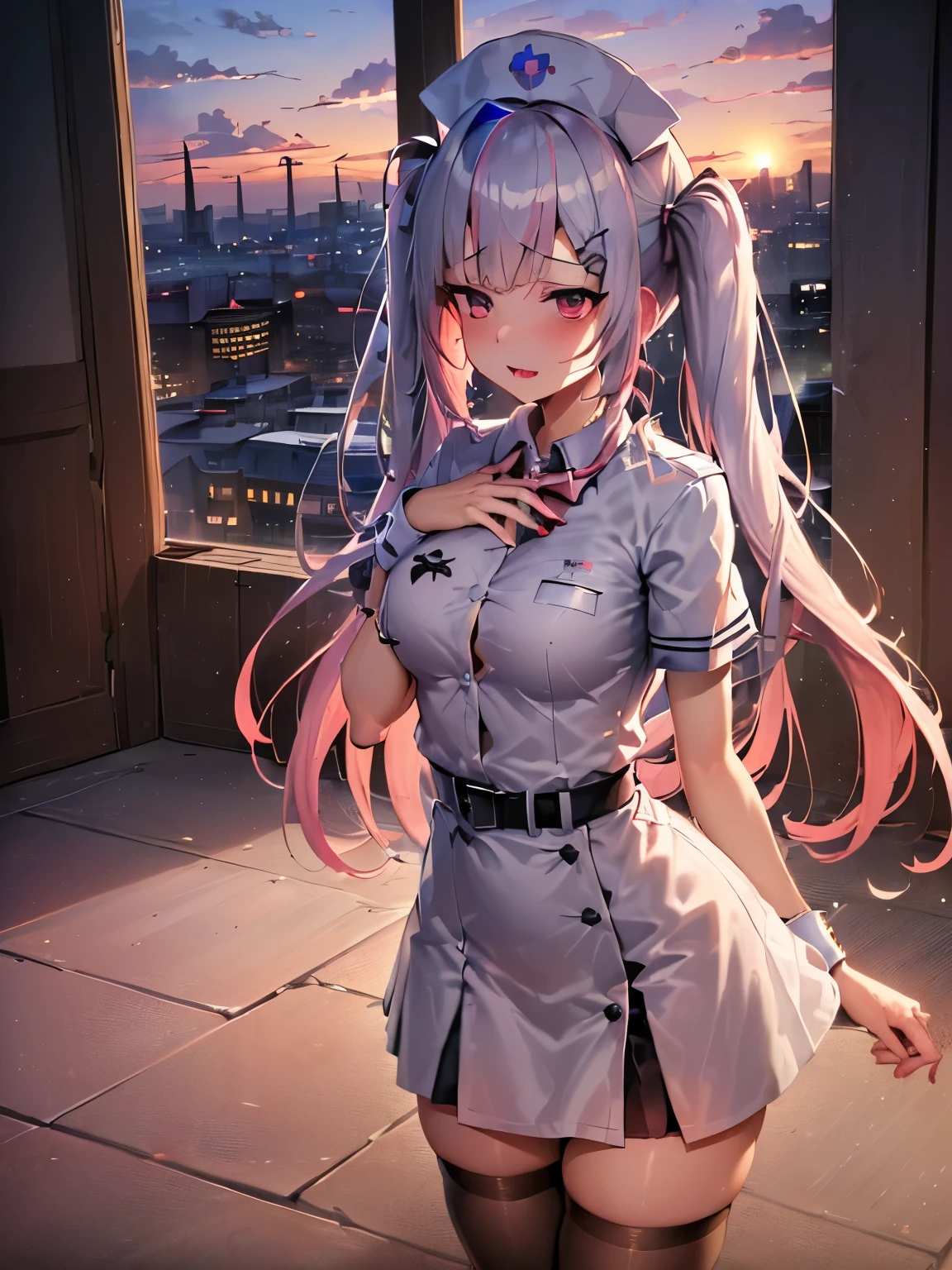 NSFW,Hololive,Amane Kanata,Small breasts,Long Hair,Twin tails,Nurse uniform,Nurse cap,mini skirt,(Perfect hands),(Perfect Anatomy),(masterpiece),(highest quality),hospital,Hospital room,Embarrassed,blush,(Rut face:1.5)