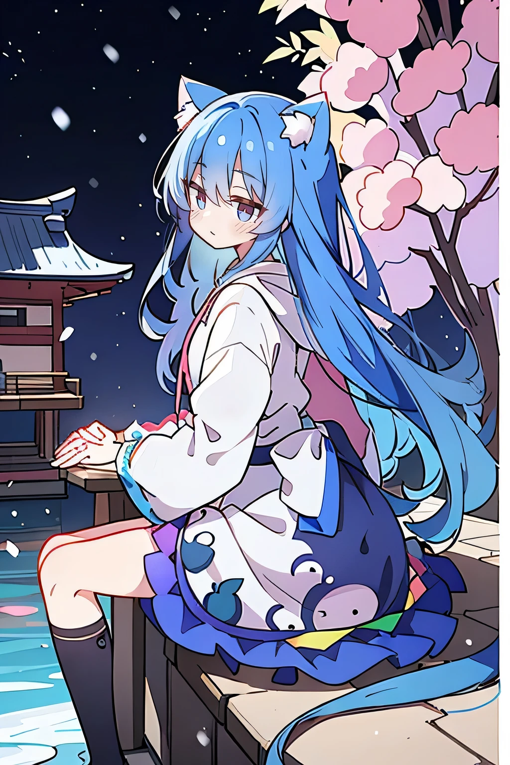 （masterpiece：1.2），Super detailed，lifelike，Expressive eyes，fair skin，perfect face shape，1 girl，
Japanese comics,Gorgeous blue hair,flowing blue hair,flowing clothes,Cat ears,Petals fall,beautiful lola,Baby Angel,
Cross your legs，Gentle and peaceful background，The pavilion is cool and comfortable, wearing hoodie, background of tokyo,back views,snowing, winter.