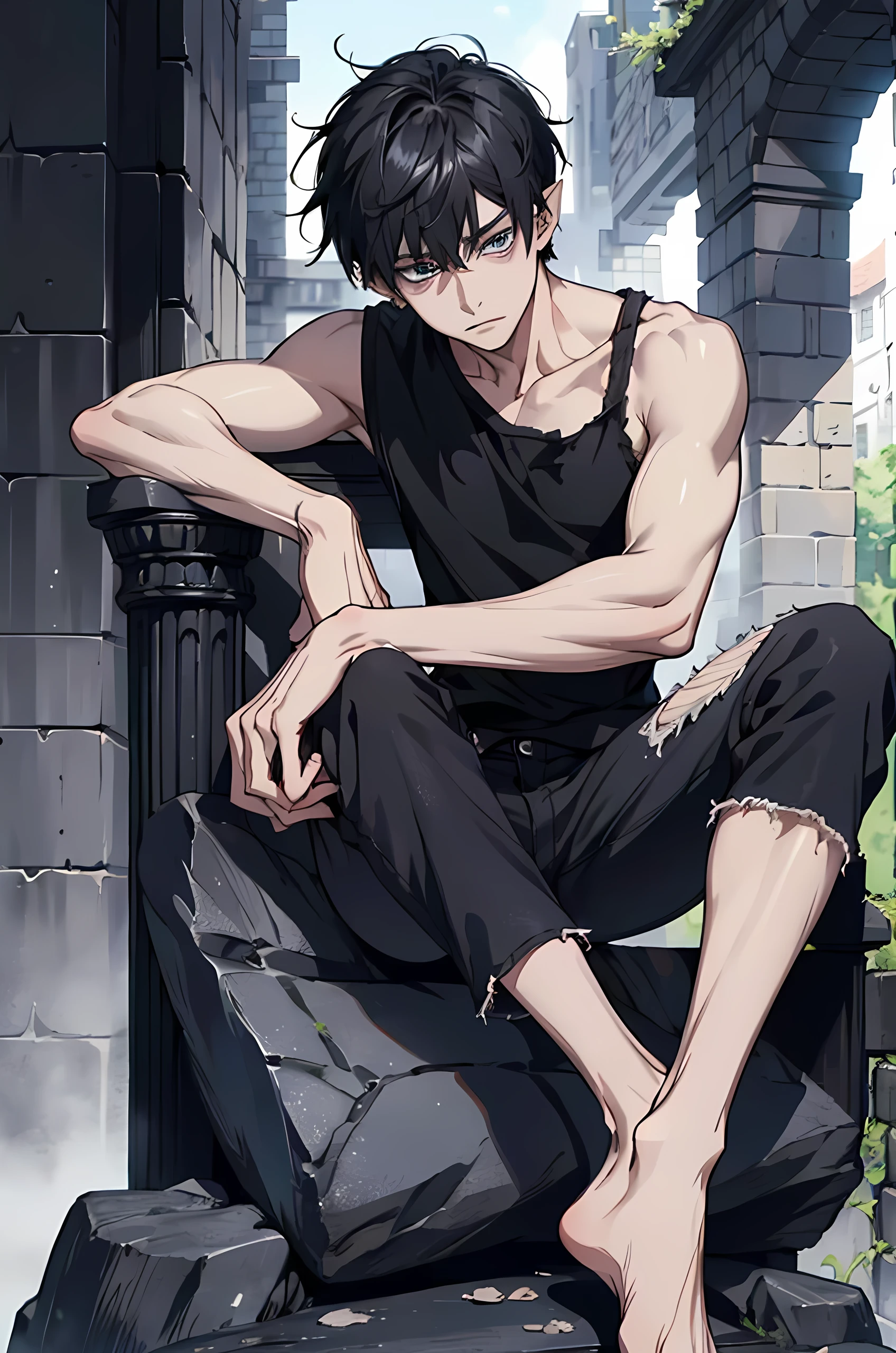 1boy,solo, very short black hair, blue eyes, pointy ears, kaneki personality, wearing Black sleeveless fitted T-shirt, old black jeans, bare foot, old castle, sitting on a stone throne, highres, ultra-sharp, 8k, masterpiece, looking at viewer 