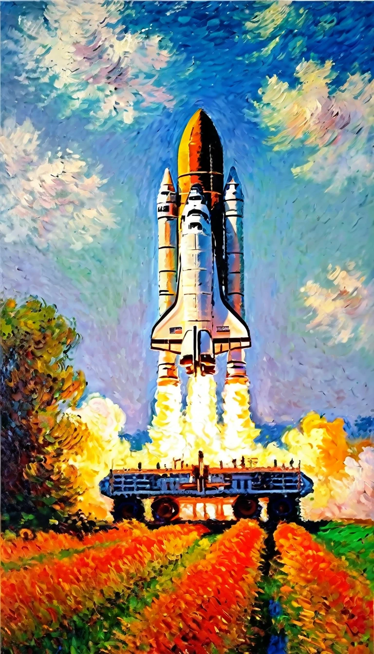 Claude Monet Style, oil painting on canvas, impressionism, space shuttle on raw field