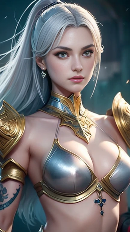 war witch,beautiful girl,Warrior,Beautiful silver hair,luxury,wonderful,elegant,complicated,High detail,Digital Painting,Art Station,Concept Art,Sharp Focus,Illustration,Art by Ross Tran,sexy ultra micro bikini,Perfectly beautiful big bust,beautiful abs,Perfectly beautiful designed and detailed face,Perfectly beautiful hair,god々Cool atmosphere,Perfectly beautiful and balanced body,silky and beautiful skin,Perfectly beautiful and balanced face,have a beautiful designed and detailed spear in hand, Perfectly beautiful designed and detailed Mysterious tattoos,Perfectly beautiful designed and detailed armor,Feminine figure.Beautifully and delicately designed hair accessories,Fighting on the battlefield