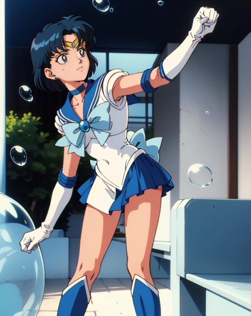 Solo,highres, mer1, tiara, sailor senshi uniform, blue sailor collar, bow, knee boots, choker, white gloves, blue choker, elbow gloves, jewelry, earrings, blue skirt, cowboy shot, (1990s \(style\):1.2) , standing, bench,masterpiece, best quality, perfect composition, fighting pose, bubble attack 