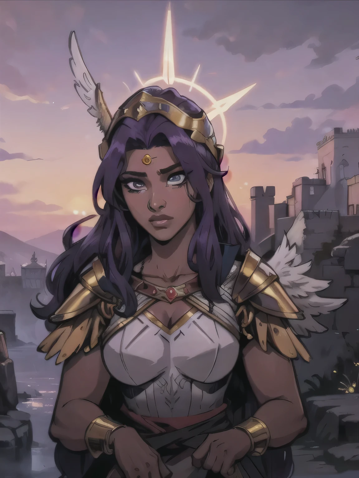80s anime style still, Portrait of a Valkyrie wearing a golden Viking helmet with white wings, black skin, long purple hair, heavenly setting of Valhala at dusk