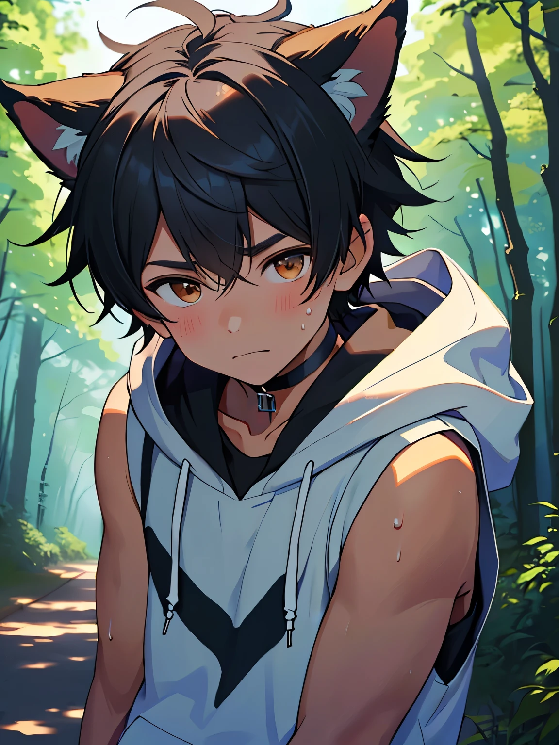 Highres, Masterpiece, Best quality at best,Best Quality,hight quality, hight detailed, 1boy, Boy, Dog boy, Dog ear, Messy hair, Side bangs, Shota, Sweat, Sleeveless hoodie, choker, 4k, Seen from the front, Little sweat, forest, Cute boy, (very small and short stature), (very young boy), 12-year-old boys, Blurry and simple beckground, bokeh, Uhd