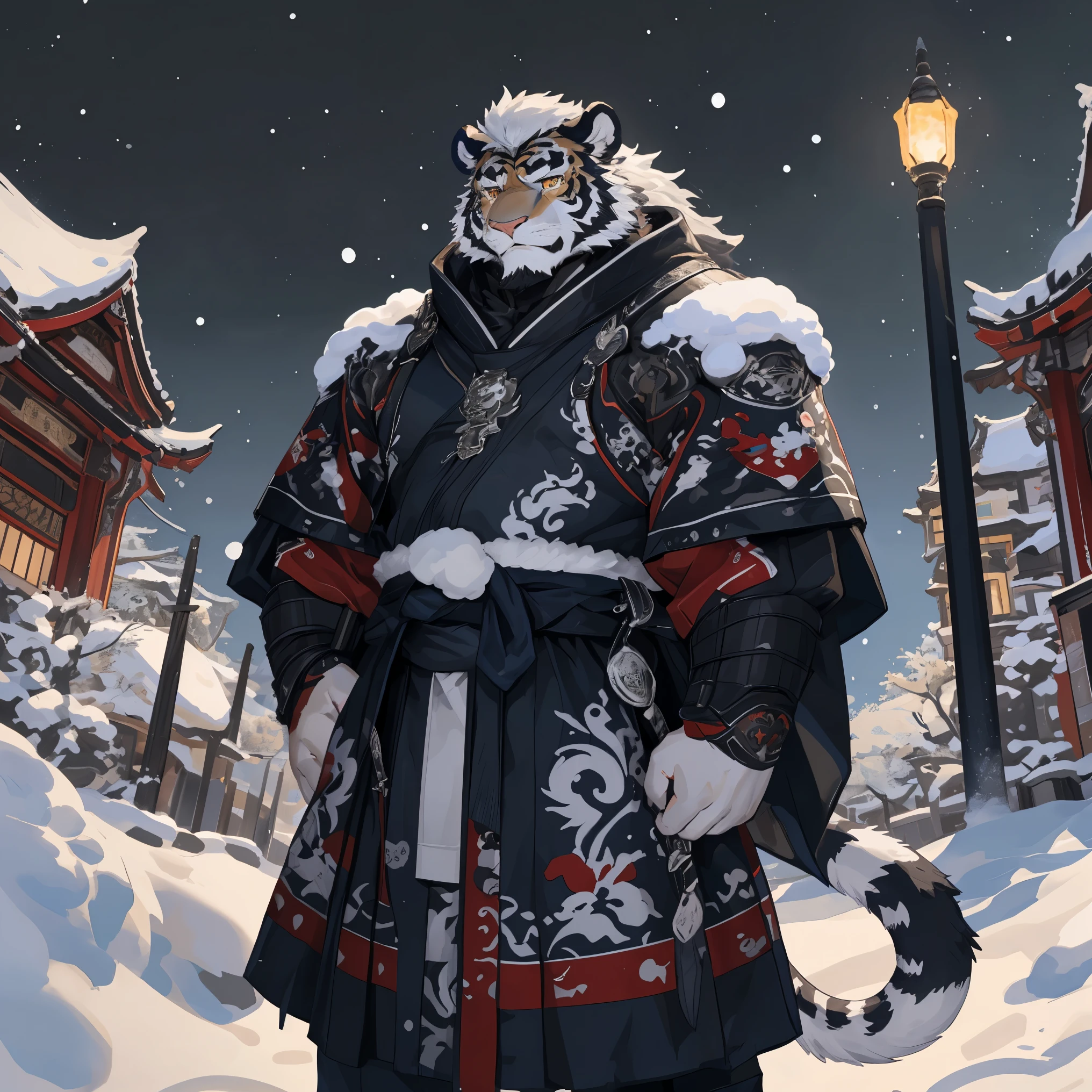 (white skintiger),(Black and white yin and yang general battle robe),(Holding a long sword),Powerful posture,Standing calmly,(The background is a city covered with ice and snow:1.2),(abdominal muscles),heroic posture,A perfect masterpiece,Various facial details,distance perspective,specific description,masterpiece,cg,(golden eyes),Black and white pattern,crimson tail,general,heroic posture,tiger,Black and white fur,Concrete facial details,Half body,(Black and white yin and yang general combat boots),(Chang Ling),((middle aged)),(face focus),(16k),HD,black and white belly,temple,beard,(Face lines),Different pupils,(Black and white yin and yang ancient war robe),(black and white hair),(Strong),(muscle),(high resolution:1.3),(Standing in front of the city covered with ice and snow),(Close up),(Detailed face:1.5),Perfect details,(Half body),(Detailed depiction of the face:1.5),(Zoom in on face:1.5),(white Face lines:1.2),(black beard:1.3),(white face;1.6),white body,(white skin，black strips:1.3),(White cheeks:1.3),posing:1.3,