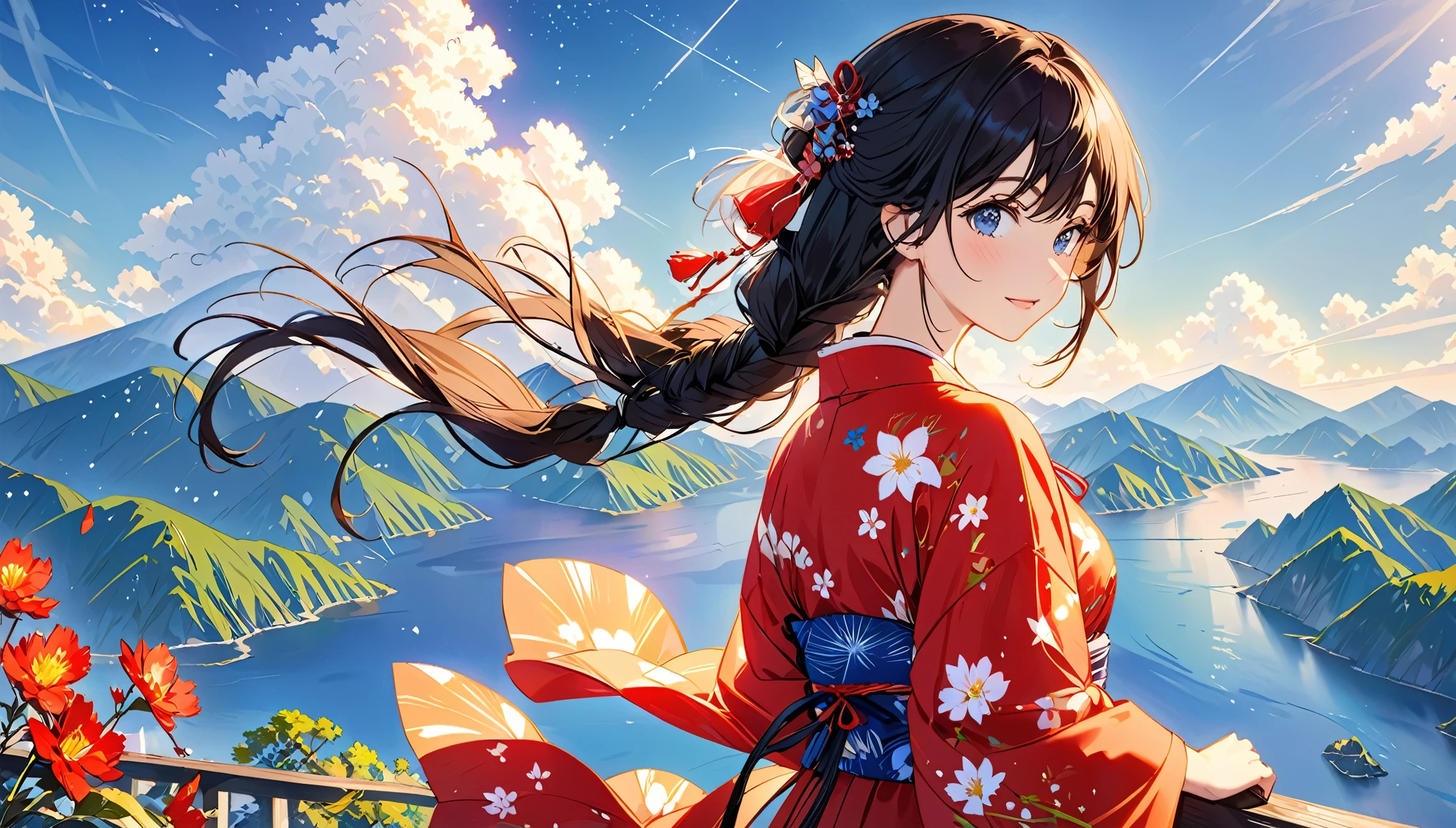 Secondary elements,woman,Long black hair swept to the side、yukata、きれいなwomanは銀山温泉に立っていました,sunny day,Starry Sky、私は背を向けてStarry Skyを見上げた、Taisho Modern、Emotional、It's at the bottom center of the image、Black and White