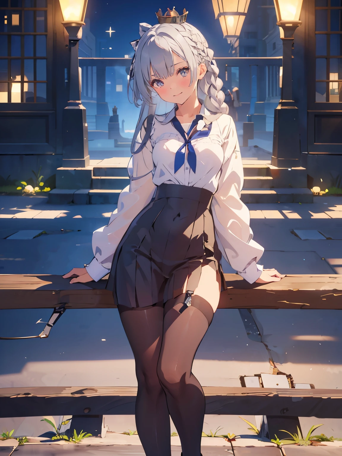 masterpiece, best quality, super detail, silver hair, embarrassing, (embarrassed smile), blush, collar, (at the show), (in front of azur lane girls crowd), bokeh, looking at viewer, full body, standing, silver hair, argus\(azur lane\), silver_hair, medium breasts, gray_eyes, hair_clip, argusorigin, black stockings, camel toe, crown on head, black lace pants, bra, licking ice cream, enjoying, black transparent dress,