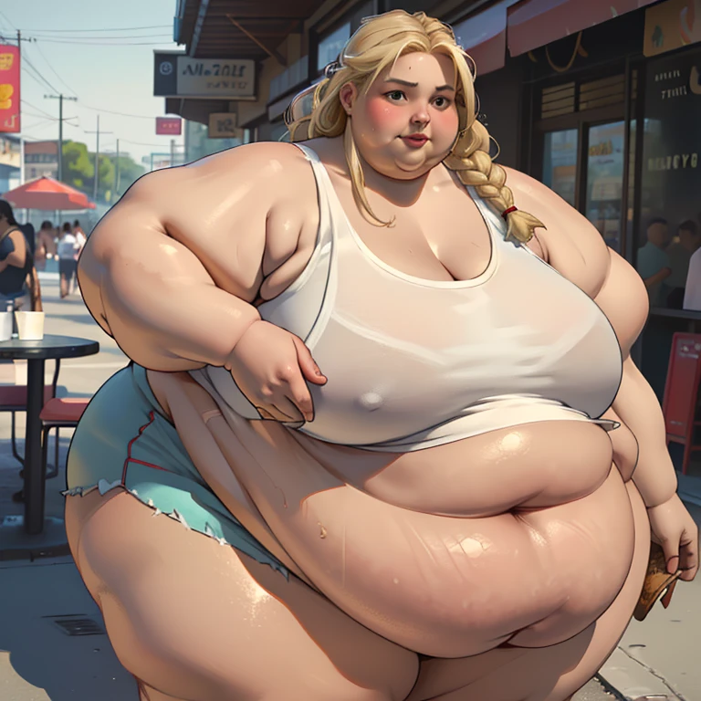 (masterpiece, best quality, absurdres, detailed, realistic:1.2), beautiful young woman, USSBBW, (morbidly obese:1.4), (fatblob:1.4), (realistic detailed face), gigantic belly, (highly detailed:1.3), extreme detail, high aesthetic, hot pants, tanktop, blonde braided hair, holding a huge burger, burger joint