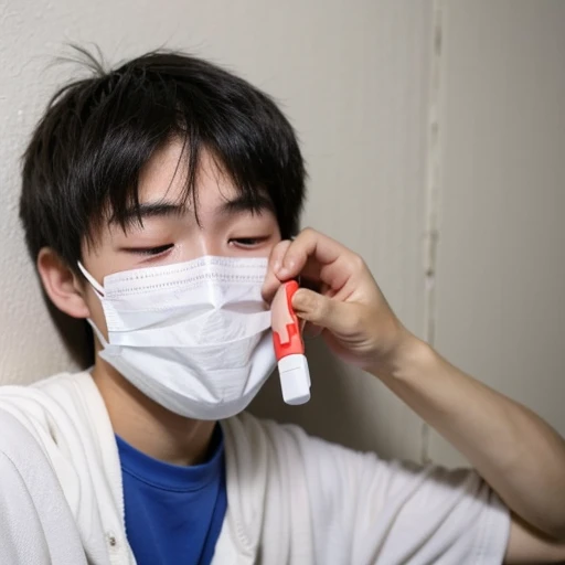 Handsome１０A boy about 18 years old has an infectious disease and looks in pain. He is wearing a white mask. He has a high fever. He is sleeping. He is coughing. He is exhausted. He is taking his temperature with a thermometer. He is dying. He has a cooling gel sheet on his forehead.